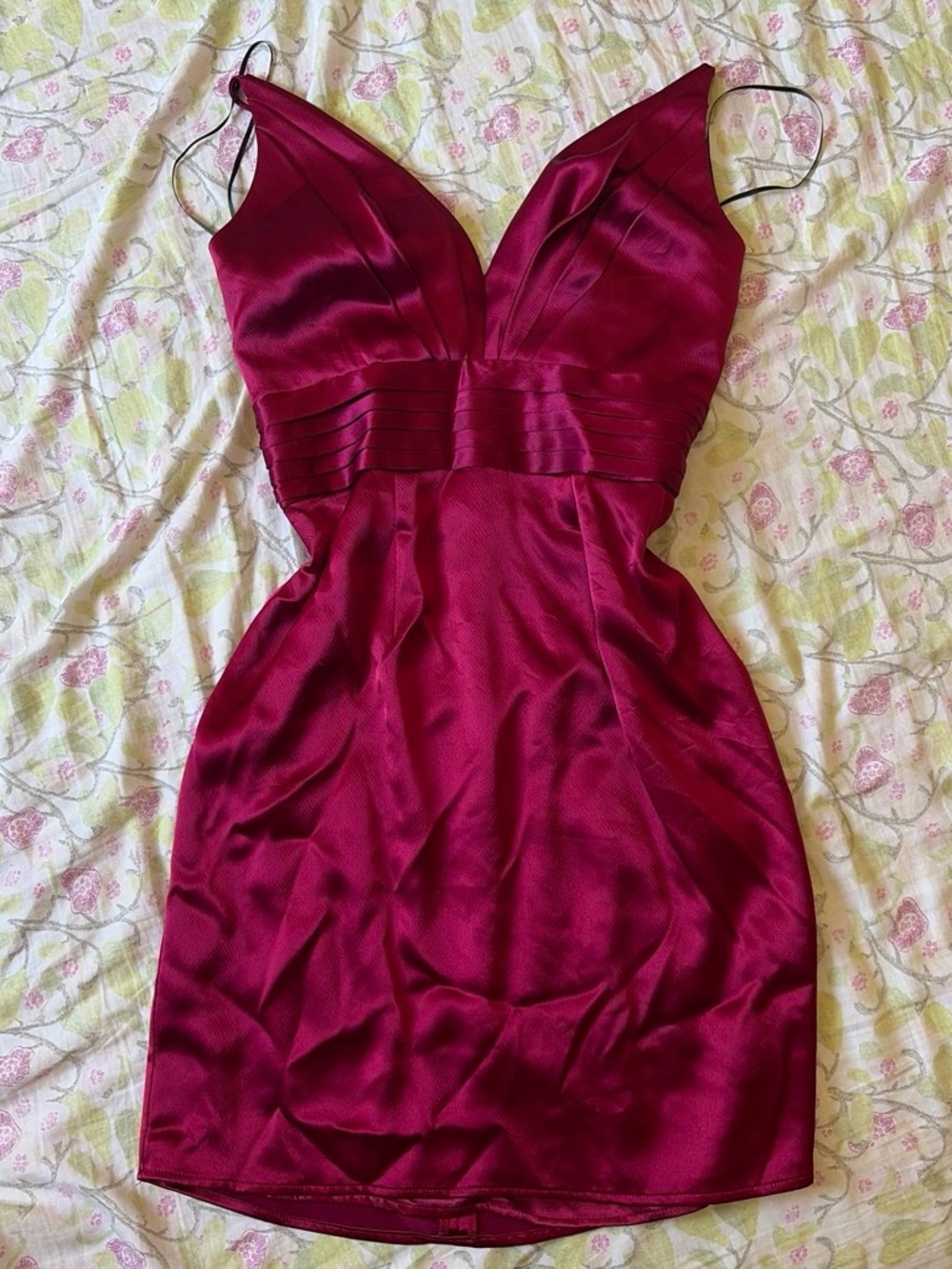 ABS Allen Schwartz Burgundy Satin V-Neck Spaghetti Strap Mini Dress